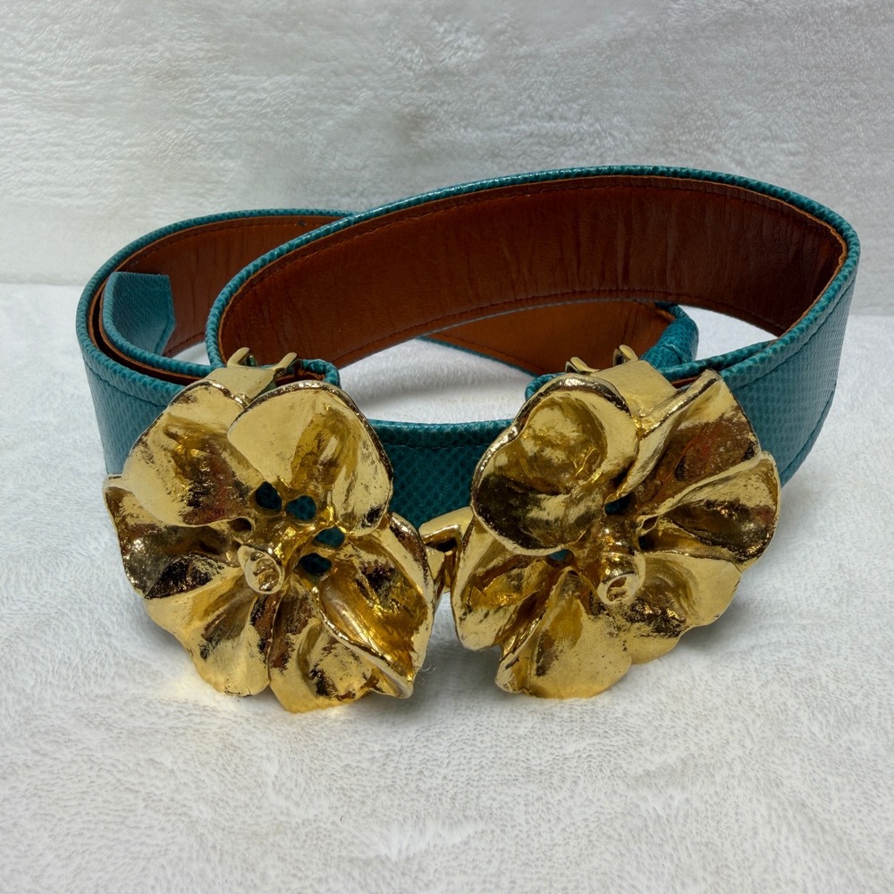 VTG Alexis Kirk Teal Lizard Embossed Belt & 1981 Mimi Di N Gold Flower Buckle